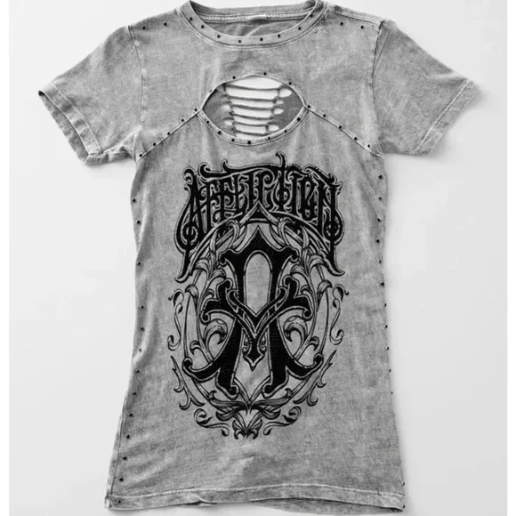 Affliction Women's T-Shirt Iconic Steel Biker Tattoo Gray - Picture 2 of 5